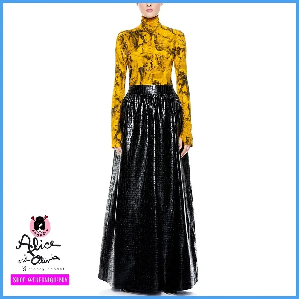 Alice + Olivia Tina Vegan Leather Gorgeous Black Ball Gown Maxi Skirt